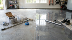 Epoxy DIY kit and rollers beside a professionally finished glossy epoxy garage floor