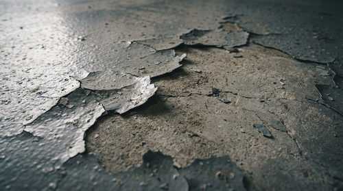 Peeling and delaminating epoxy garage floor coating lifting from the concrete slab