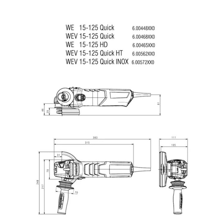 Metabo WEV 15-125 HT angle grinder showing the speed adjustment wheel and side handle