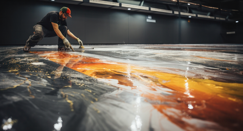 Installer on one knee spreading metallic epoxy with a hand trowel, pulling orange, amber and grey pigment into swirls across a wet, high-gloss floor.