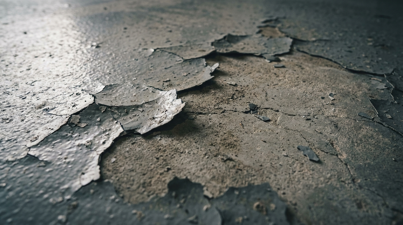 Peeling and delaminating epoxy garage floor coating lifting from the concrete slab