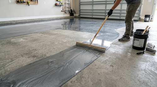 Squeegee spreading wet metallic epoxy resin across a garage floor to show coverage