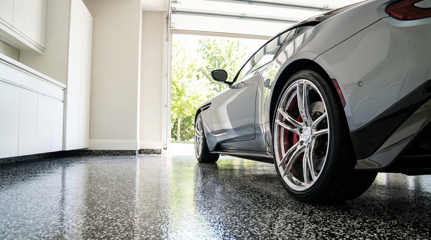 Black and white flake epoxy garage floor with a sports car