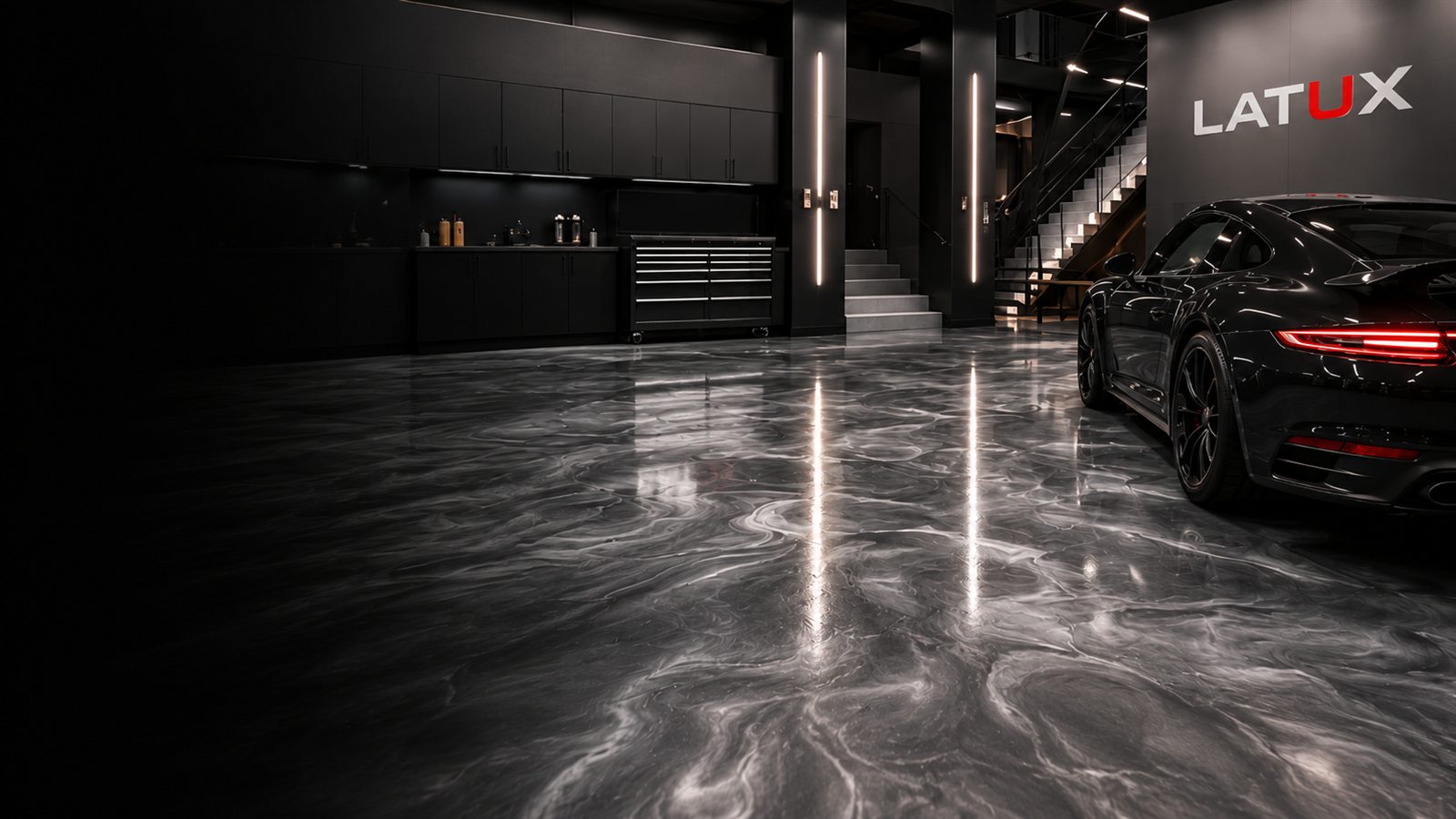 Metallic epoxy floor in a modern luxury garage
