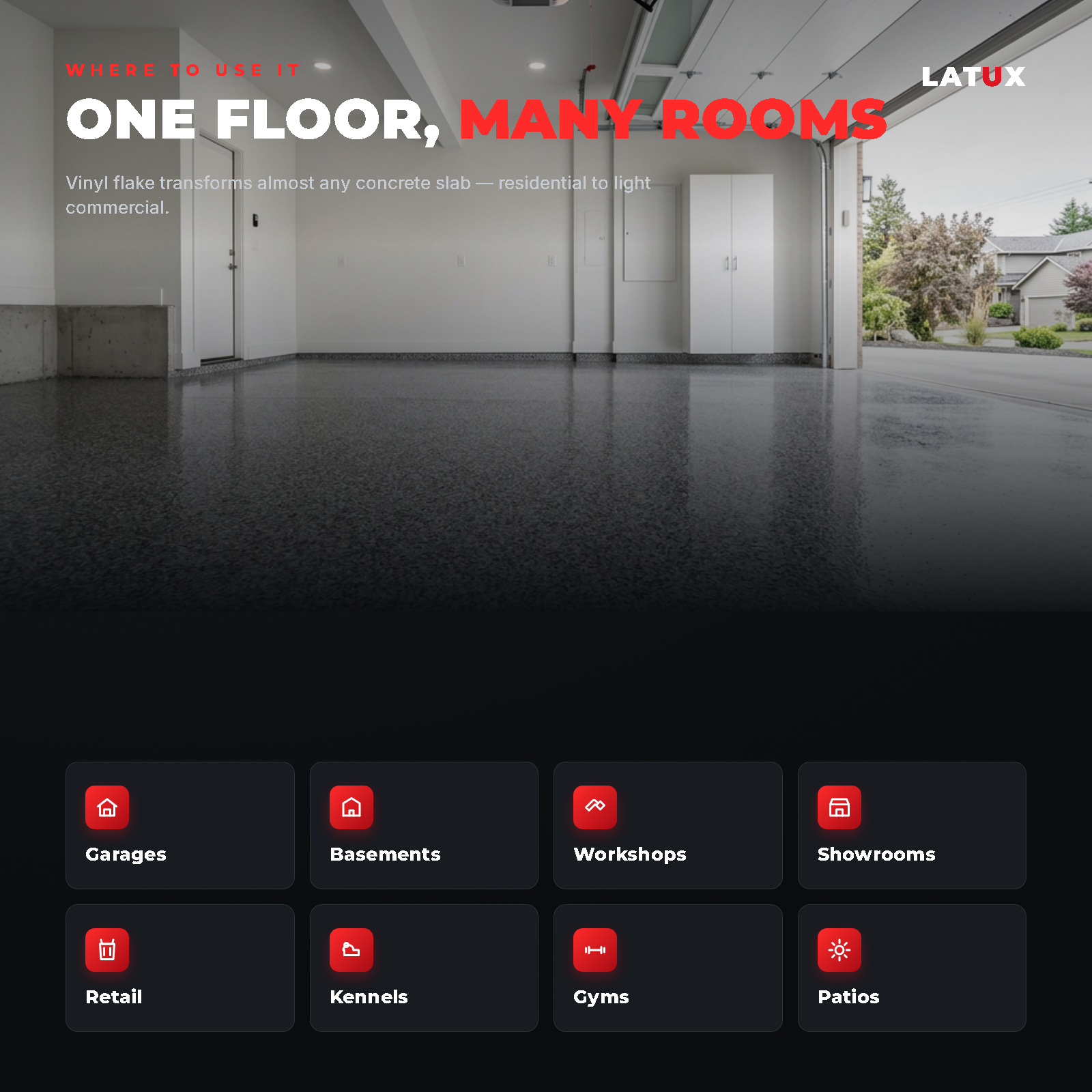 Where to use epoxy flake flooring: garages, basements, workshops, showrooms, retail
