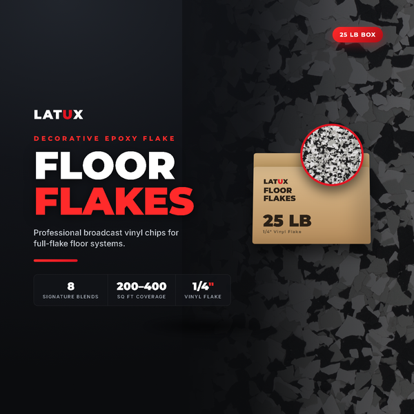 Latux Floor Flakes 25 lb box with flake swatch, decorative epoxy flake