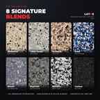 8 Latux epoxy flake color blends: Shoreline, Cabin Fever, Outback, Orbit, Basalt, Nightfall, Domino, Carbon