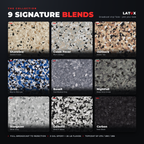9 Latux epoxy flake color blends: Shoreline, Cabin Fever, Outback, Orbit, Basalt, Nightfall, Stargazer, Domino, Carbon