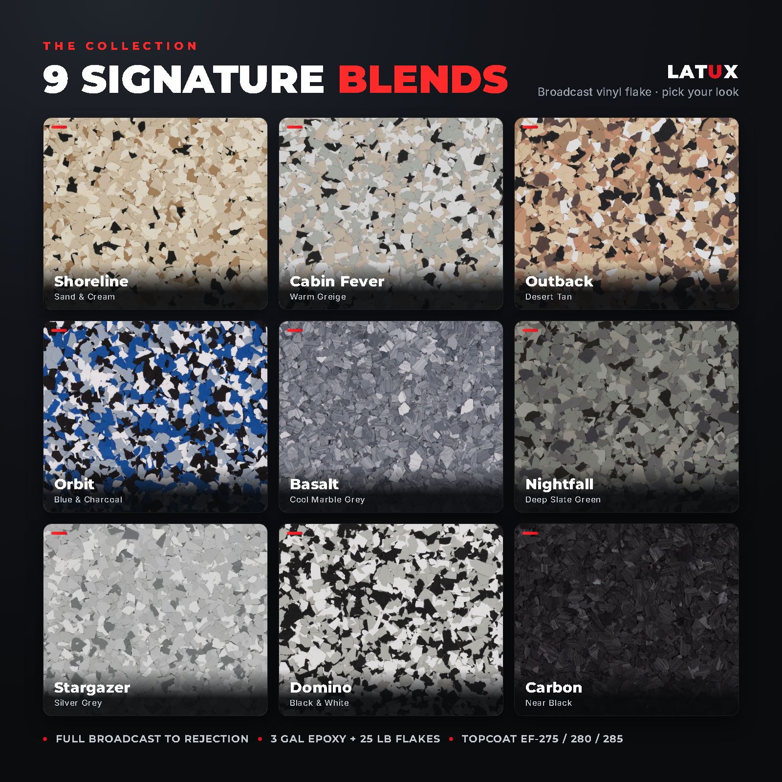 9 Latux epoxy flake color blends: Shoreline, Cabin Fever, Outback, Orbit, Basalt, Nightfall, Stargazer, Domino, Carbon