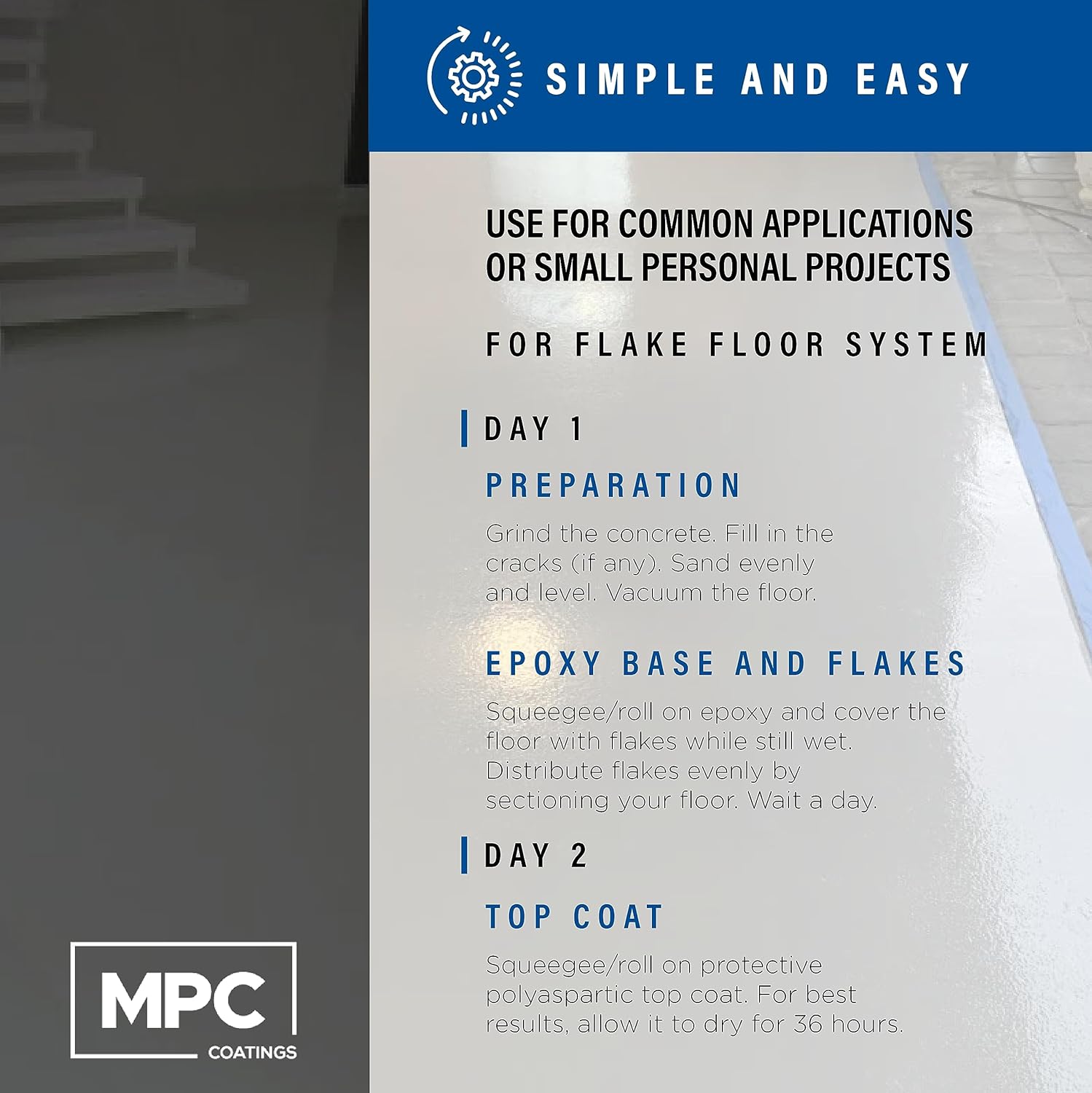 MPC Flake Floor Epoxy System - Contractor-Grade Floor Epoxy Kit for Residential and Commercial Use, 3 Gallons, 25 Pounds, Covers 400 Square Feet
