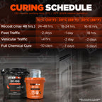 EF-100 epoxy curing schedule showing recoat, foot traffic, and vehicle traffic times