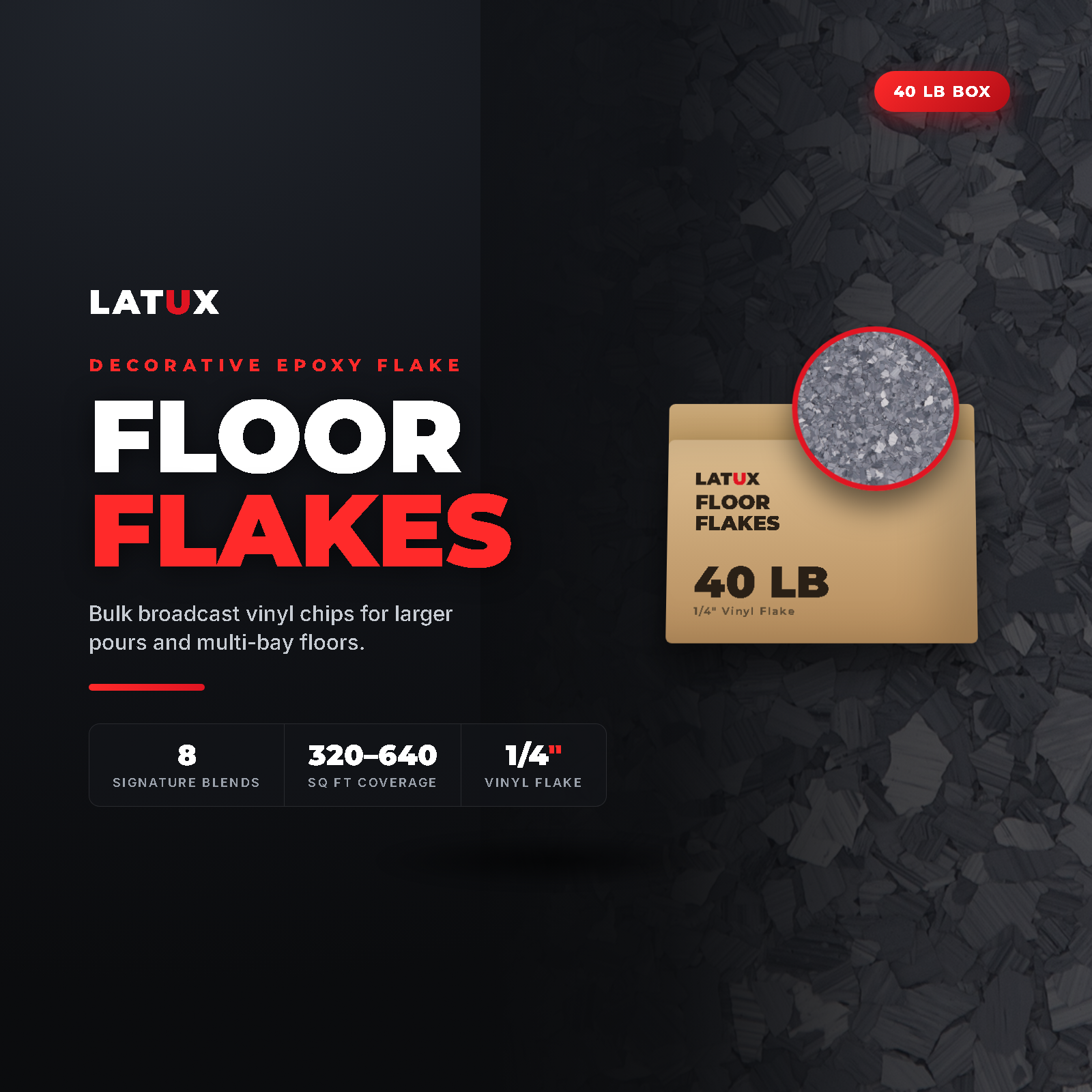 Latux Floor Flakes 40 lb bulk box with flake swatch, decorative epoxy flake Imagem principal do produto