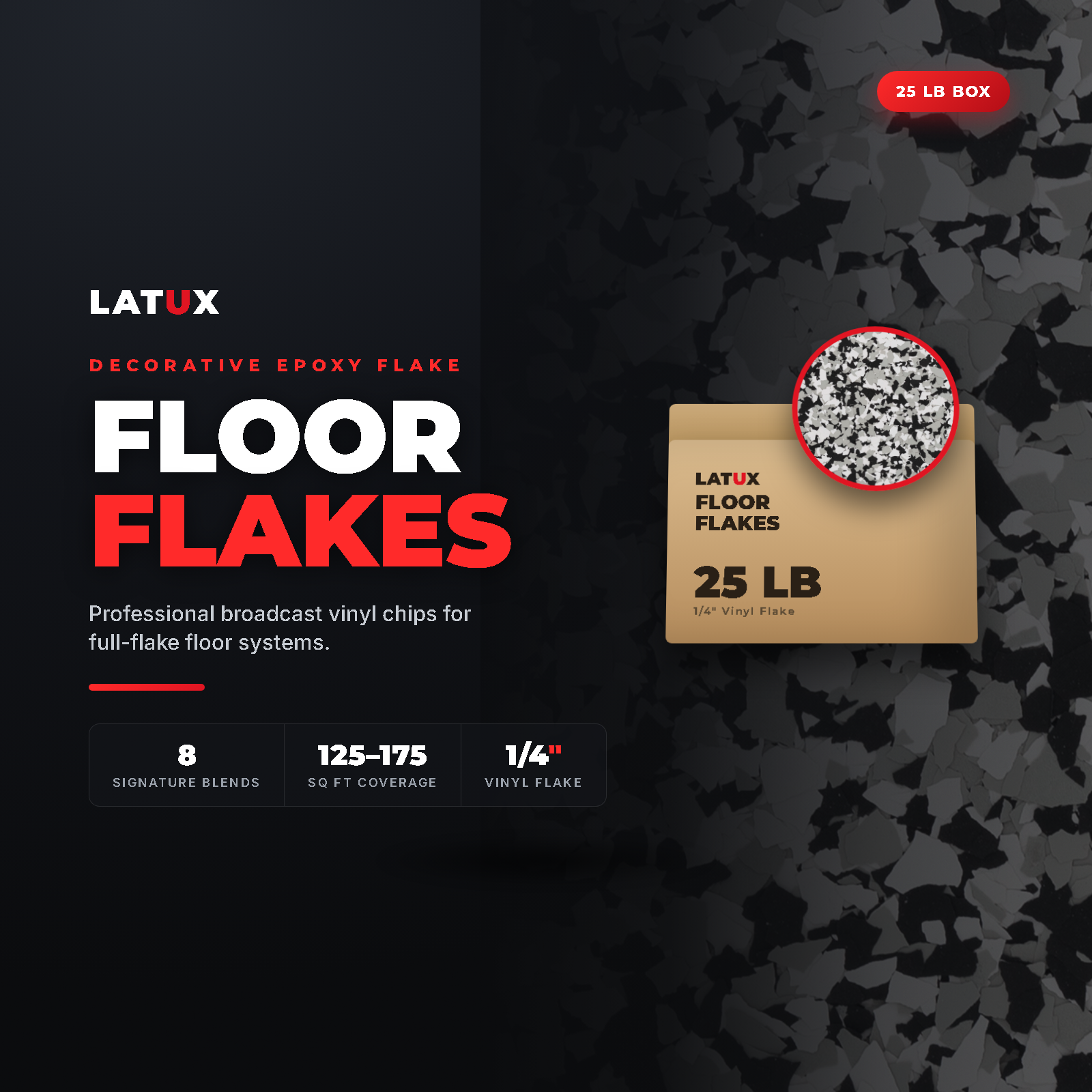 Latux Floor Flakes 25 lb box with flake swatch, 1/4 in decorative epoxy flake, covers 125 to 175 sq ft at full broadcast Imagen principal del producto