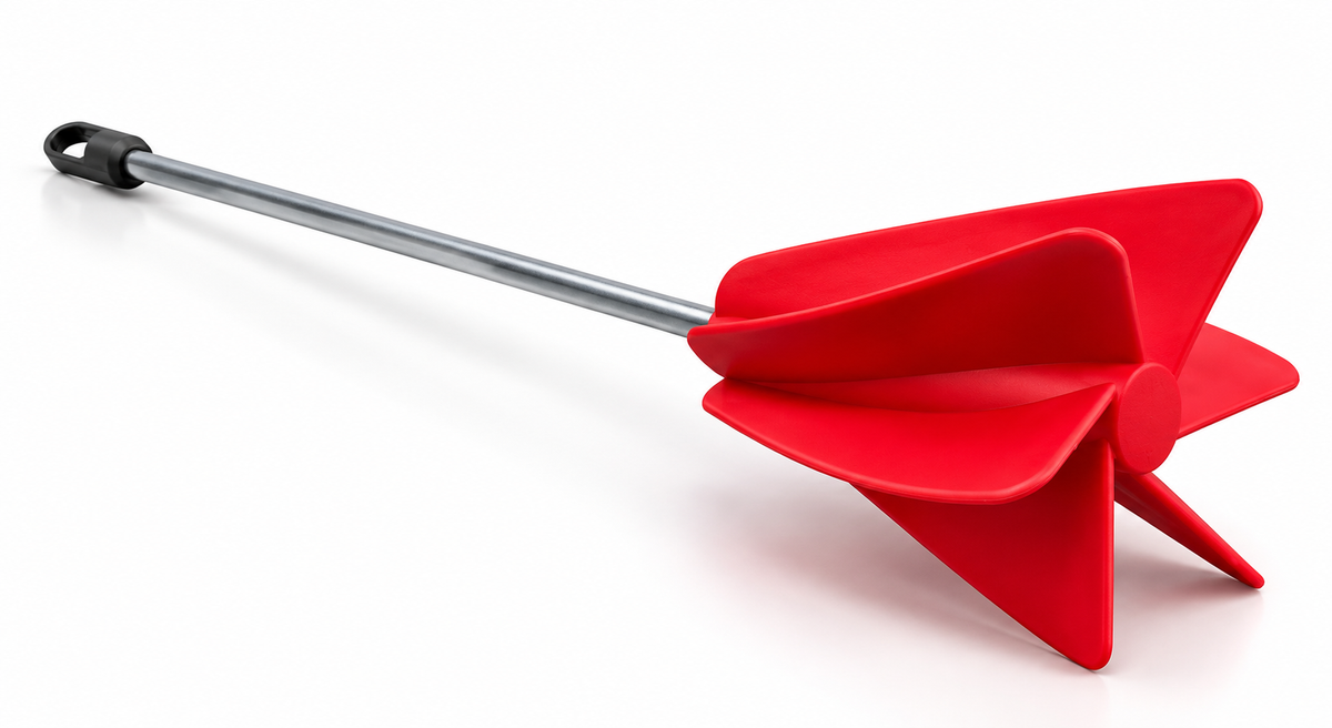 Red silicone mixing paddle with steel shaft, included in the EF-100 Pour-Ready Kit