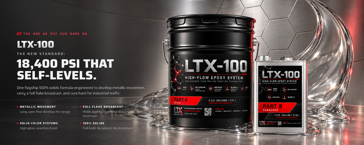 LTX-100 high-flow epoxy kit, Part A resin and Part B hardener, on a polished steel floor with clear epoxy flowing behind. 18,400 PSI that self-levels.