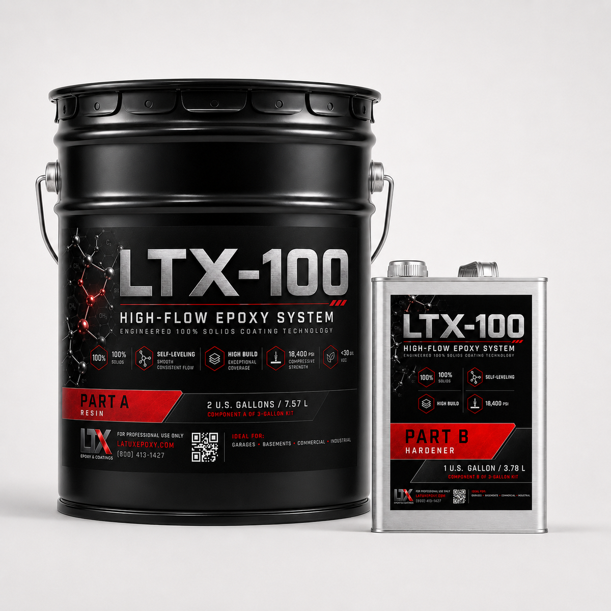 LTX-100 high-flow epoxy floor coating 3 gallon kit, 2 gallon Part A resin pail and 1 gallon Part B hardener can
