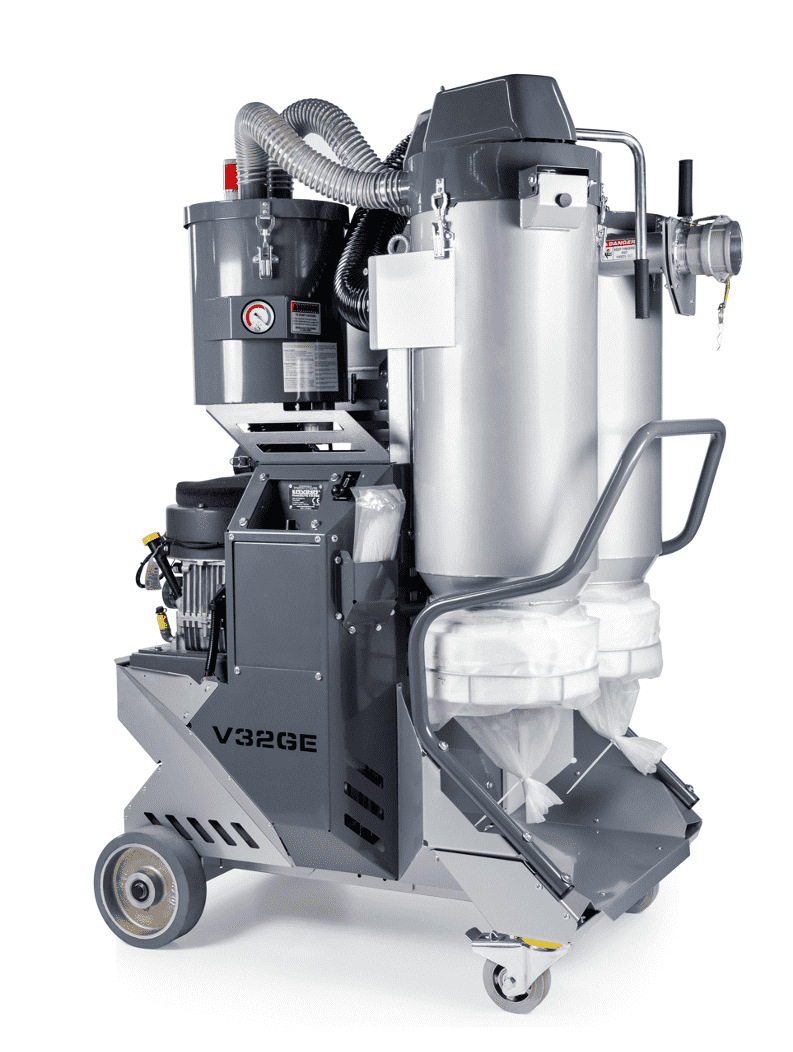 Lavina V32GE dust extractor side view showing integrated pre-separator and four-stage HEPA H13 filtration