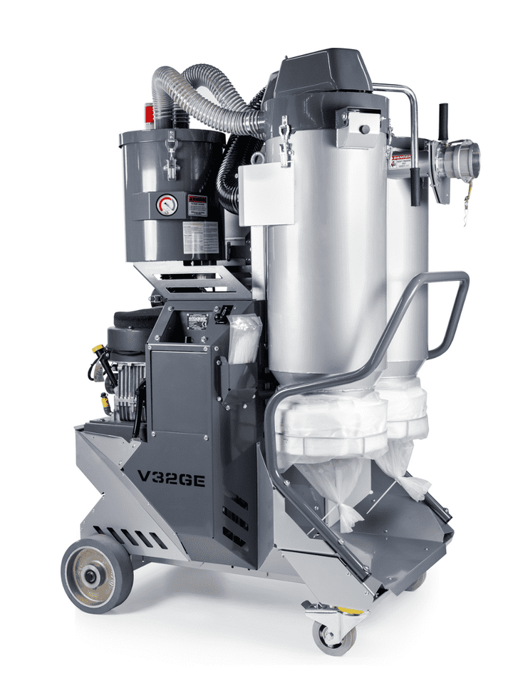Lavina V32GE dust extractor side view showing integrated pre-separator and four-stage HEPA H13 filtration